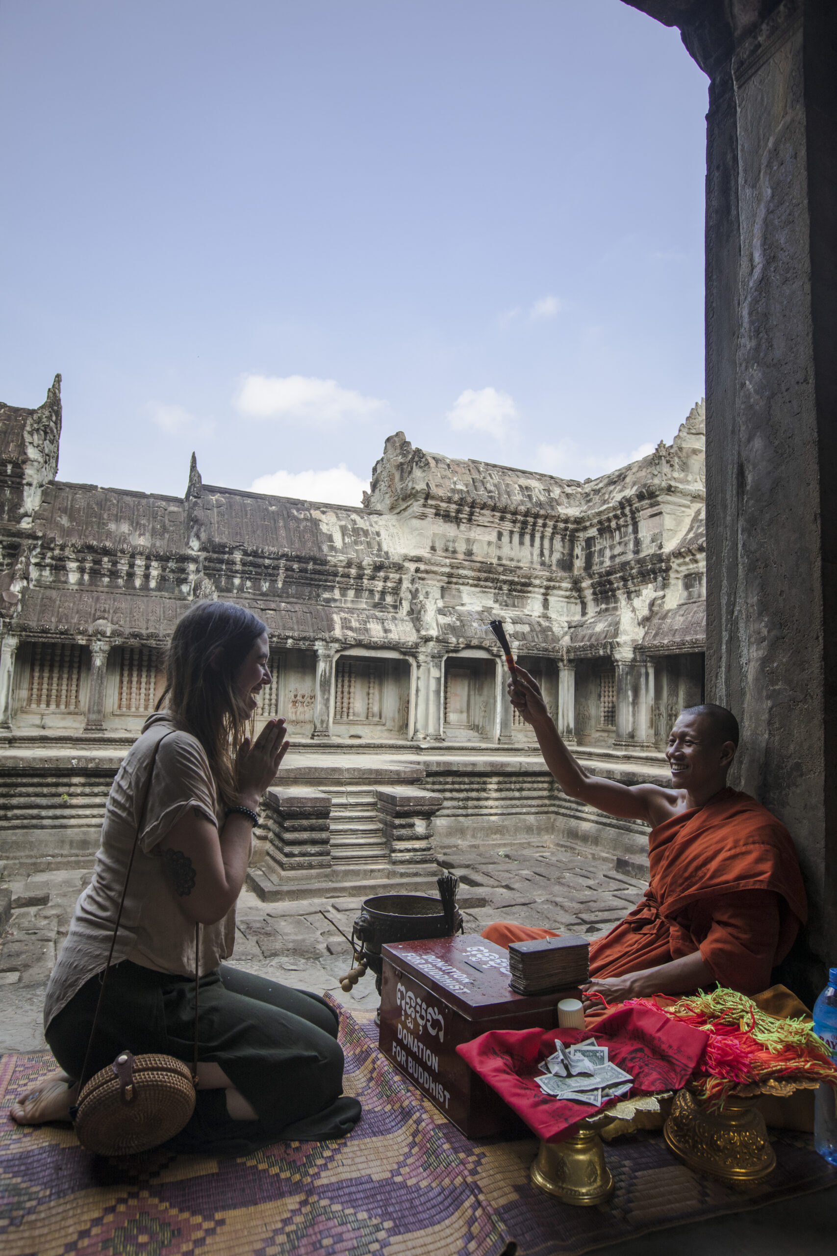 Cambodia Siem Reap Angkor Wat Temple Female Traveller Monk Blessing